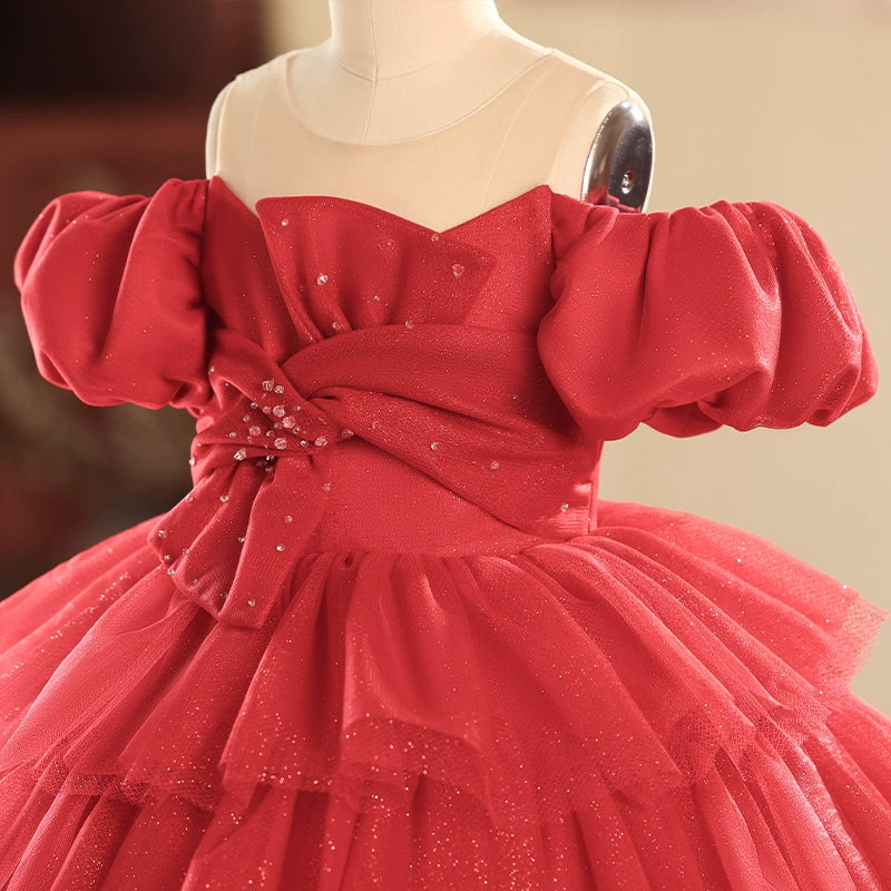 Red Girls Ball Dress Children's Birthday Puff Princess Dress