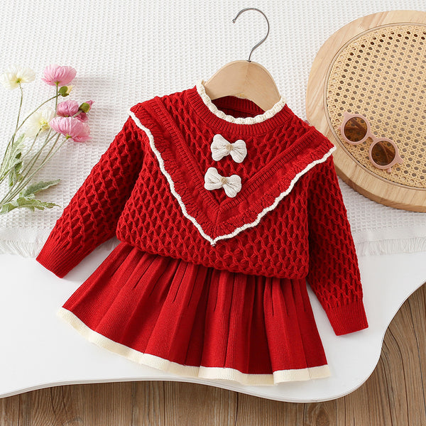 Girls' Wool Bow-knit Short Skirt Two-piece Set
