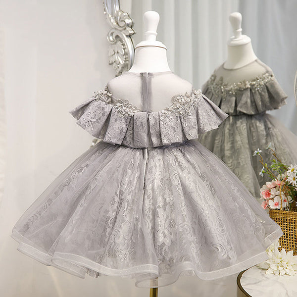 Cute Baby Girl Gray Sequin Pattern Mesh Birthday Princess Dress Toddler Flower Girl Fluffy Dress