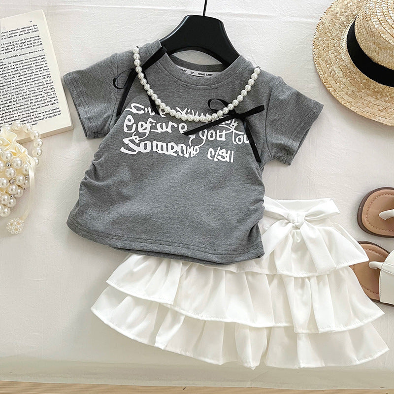 Girls New Butterfly Letter Print Top Short Skirt Two-piece Set
