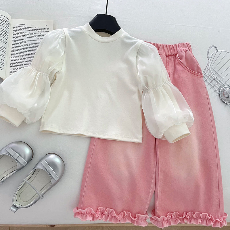 Girls' Flying Sleeve Top Bottoming Shirt and Wide-leg Jeans Three-piece Set