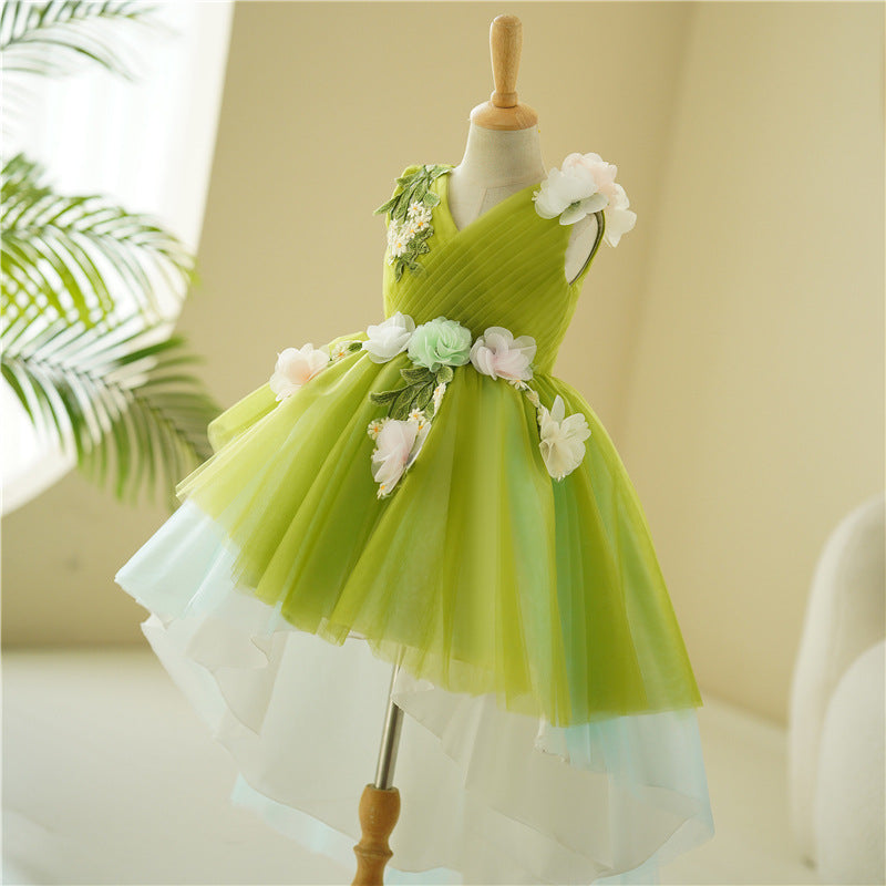 Summer Girls Flowers Green Sleeveless Mesh Princess Dress