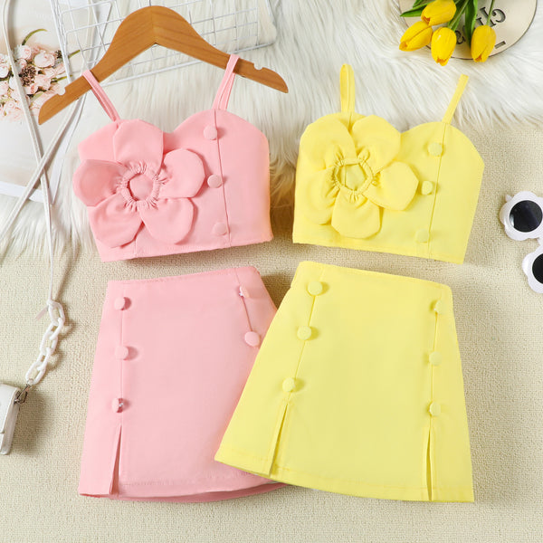 Summer Girls Flower Suspender Skirt Two Piece Set
