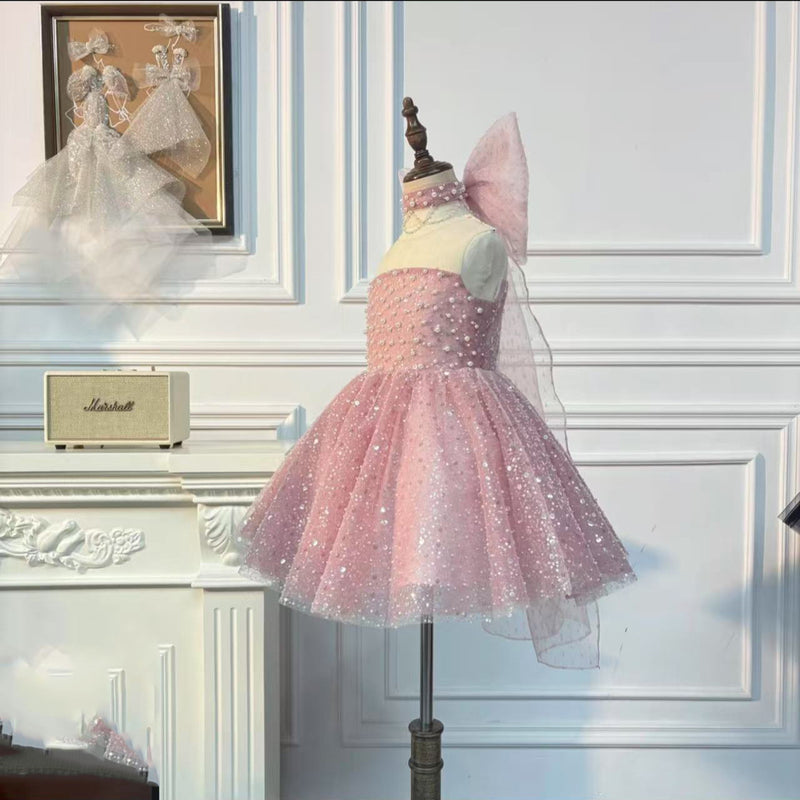 Girls Birthday Dress Children Pink Sequin Princess Dress