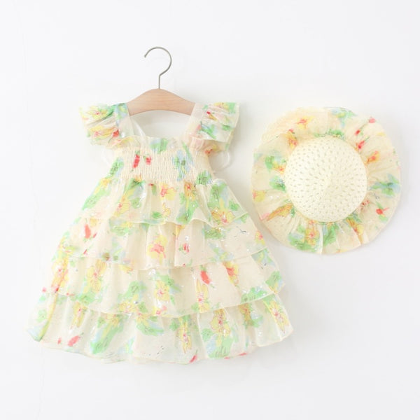 Summer Girls Floral Butterfly Wing Cake Princess Dress