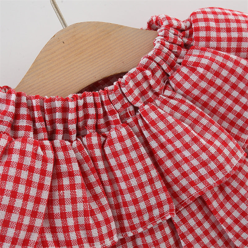 Girls White Hollow Top Plaid Cake Skirt Two-piece Set