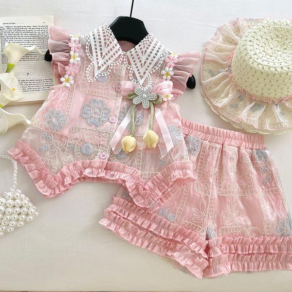 3D Flower Flying Sleeve Top Bow Lace Shorts Two-piece Set