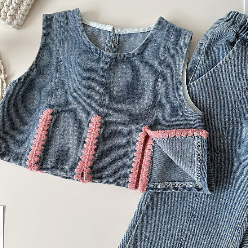 Girls Spring Vest Shirt Denim Wide-Leg Pants Three-Piece Set