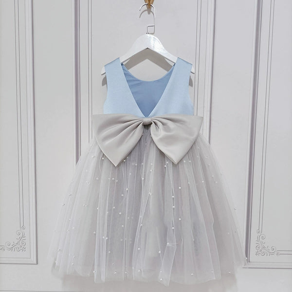 Girl Formal Blue Princess Dress Flower Girl Wedding Bow Dress