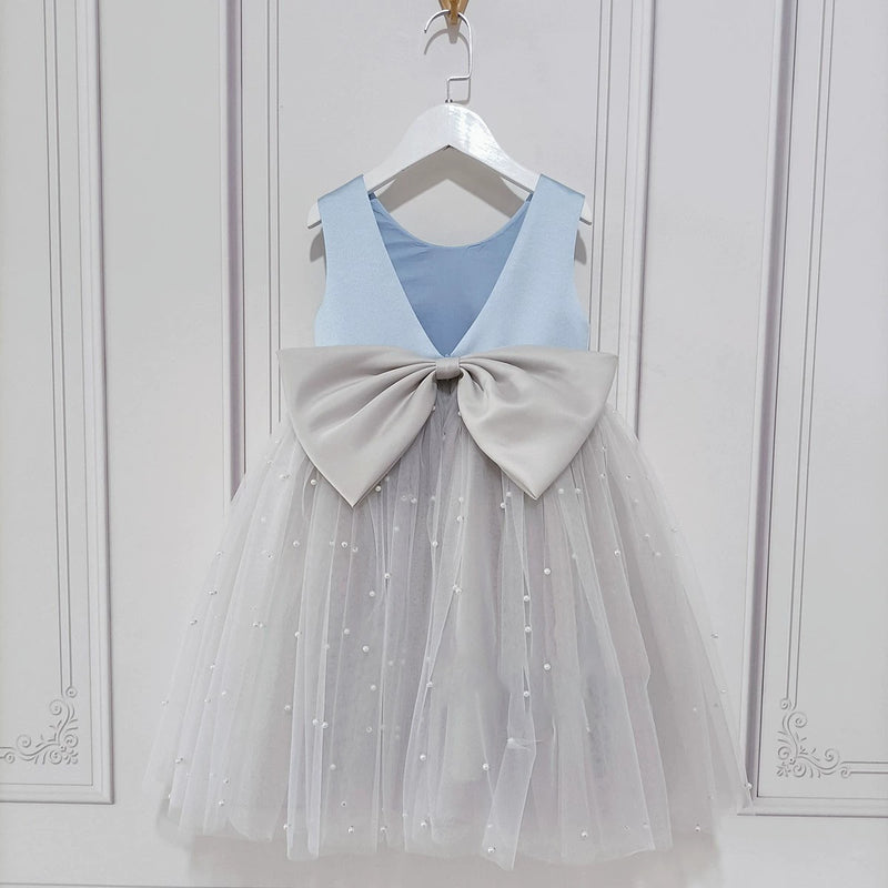 Girl Formal Blue Princess Dress Flower Girl Wedding Bow Dress