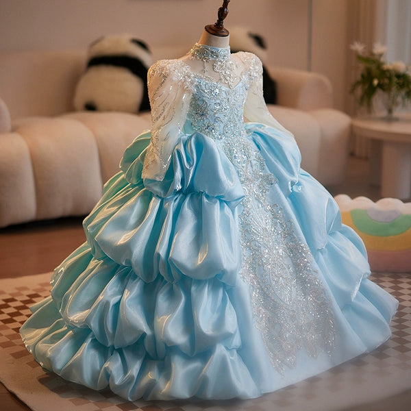 Girls Blue Sequined Dress Flower Girl Wedding Dress Puffy Princess Dress