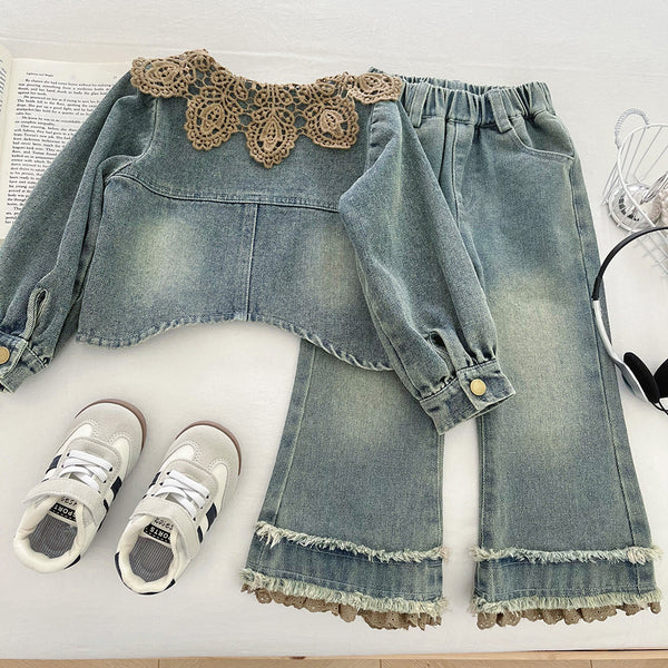 Girls' Autumn Denim Jacket and Jeans Two-Piece Set