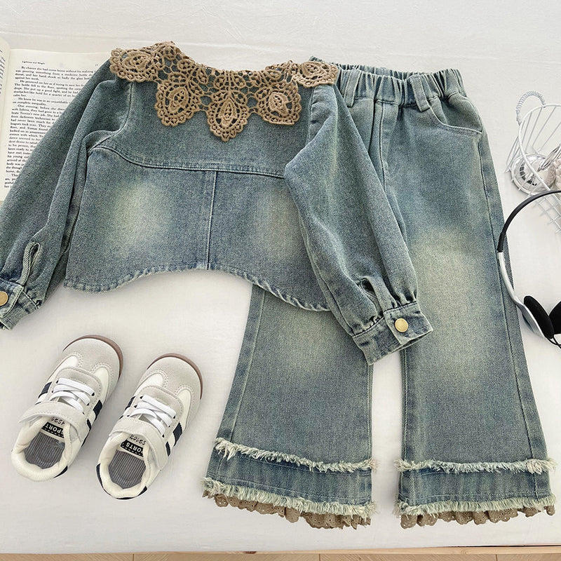 Girls' Autumn Denim Jacket and Jeans Two-Piece Set