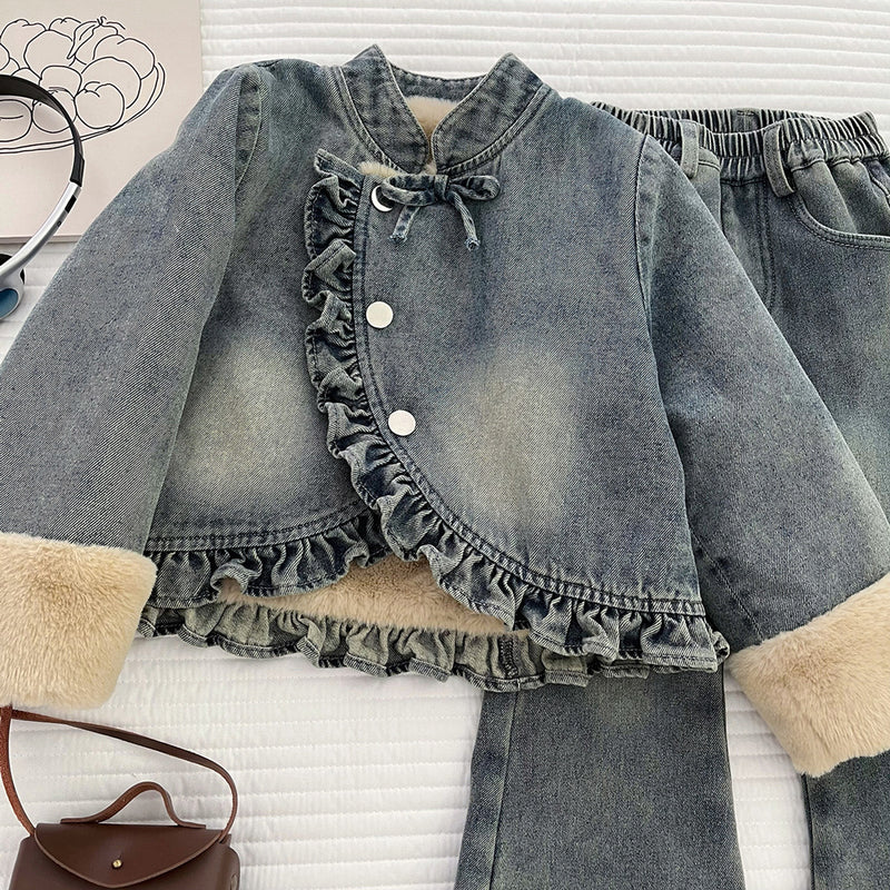 Girls' Winter Denim Jacket Flared Jeans Two-piece Set