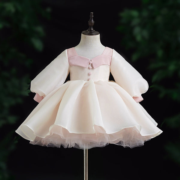 Sweet Baby Girl Beige Long Sleeve Mesh Princess Dress Toddler First Communion Dress