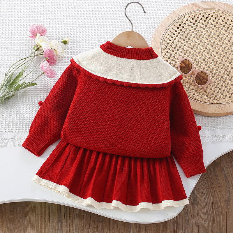Girls' 3D Ball Flower Knitted Pullover and Short Skirt Two-Piece Set