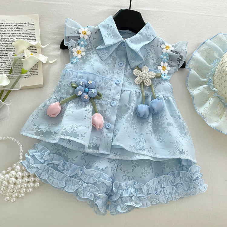Girls Summer Suit Lace Shorts Two Piece Suit