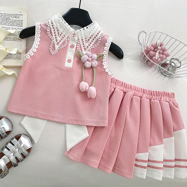 Girls Summer Bowknot Sleeveless Top and Skirt Two-Piece Set