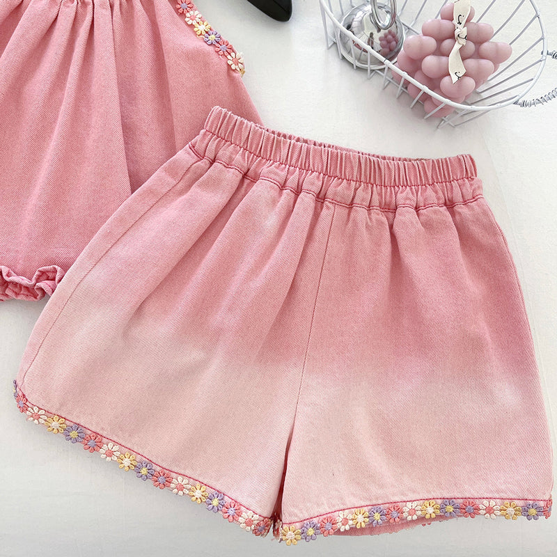 Girls Summer Bowknot Suspender Top Shorts Denim Two-Piece Set