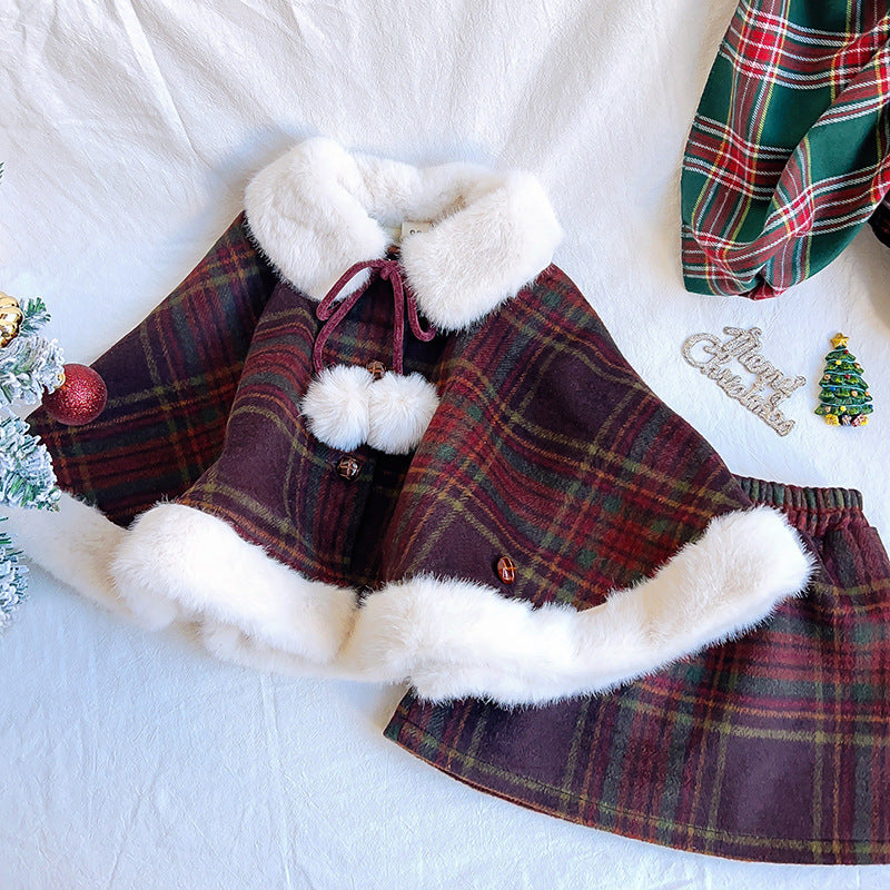 Girls' Wool Plaid Cape Skirt Two-piece Set