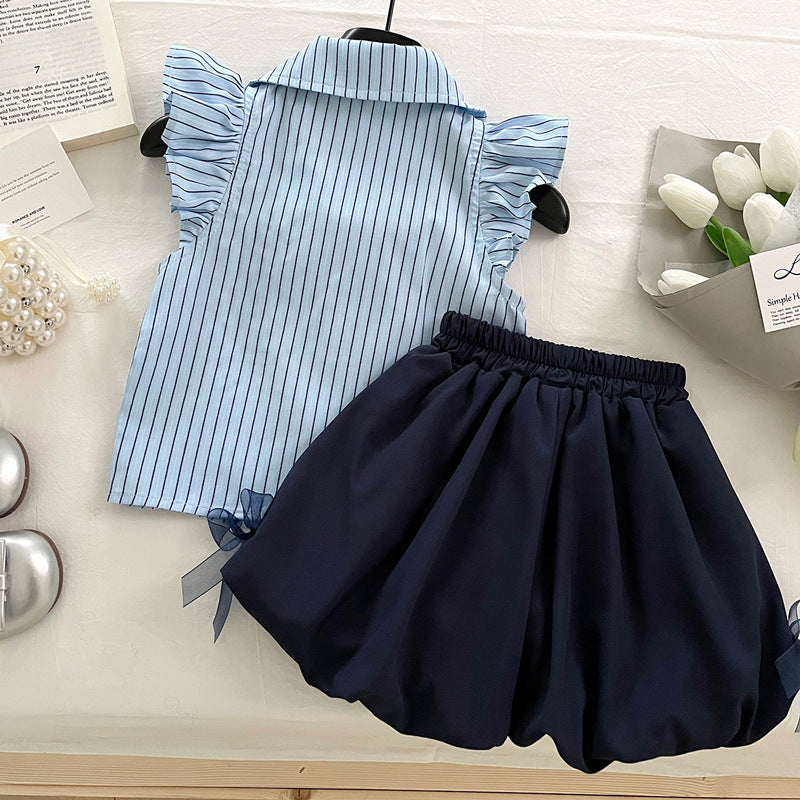 Girls Summer New Bow Striped Shirt Top Shorts Two-piece Set