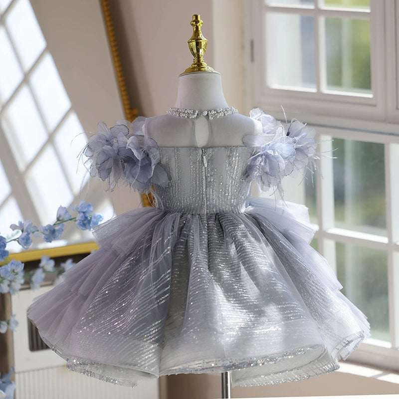 Girls Elegant Prom Princess Dress Girl Birthday Gray Dress