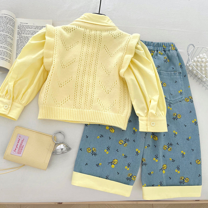 Girls' New Floral Sweater Shirt and Jeans Three-piece Suit