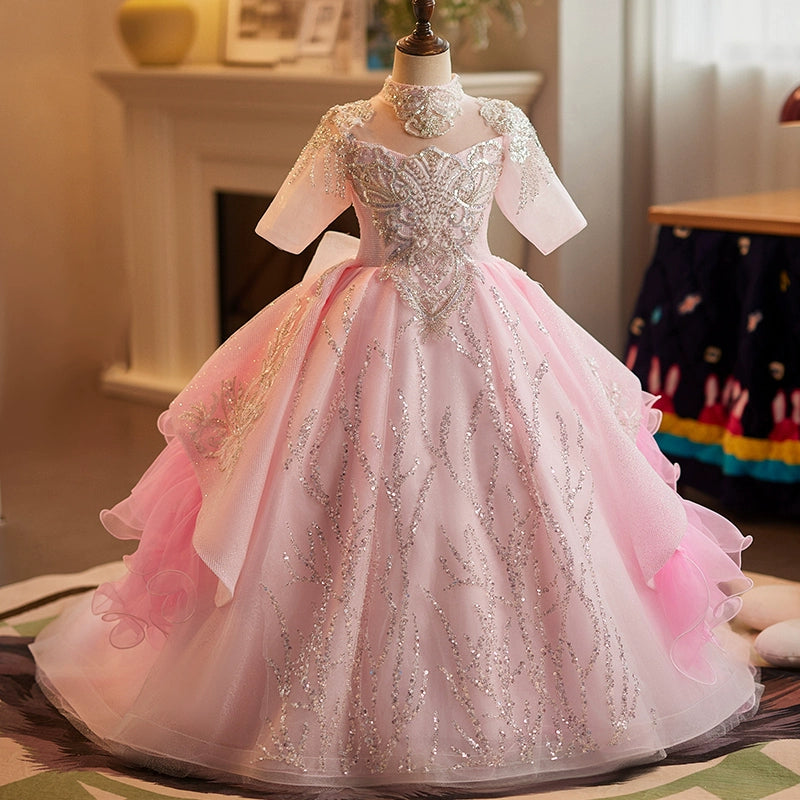 Baby Girls Trailing Formal Dress Girls Wedding Princess Dress, Pink / 4-5 Years (120cm)