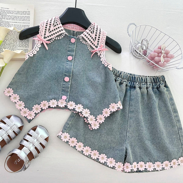 Girls Summer New Hollow Bow Top Shorts Two-piece Set