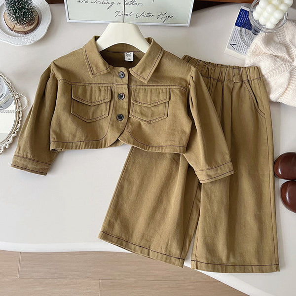New Girls Autumn Khaki Jacket Bottoming Shirt Trousers Three-piece Set