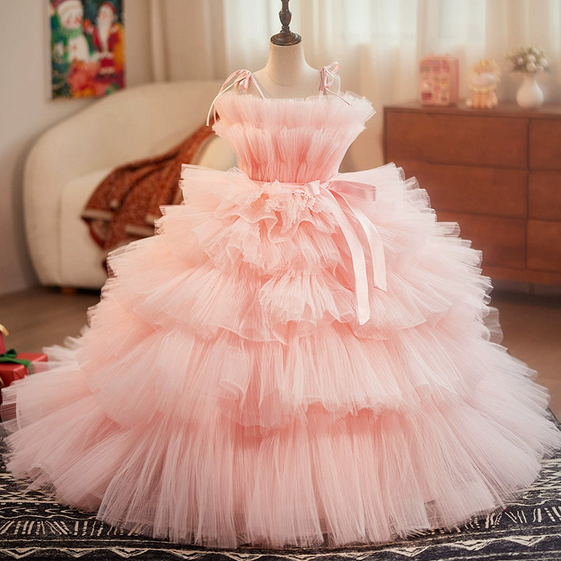Pink Girls Dress with Train Christmas Flower Girl Dress – marryshe