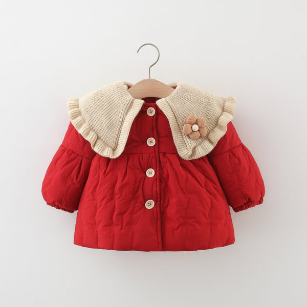 Girls' Winter Floral Lapel Collared Cotton Coat