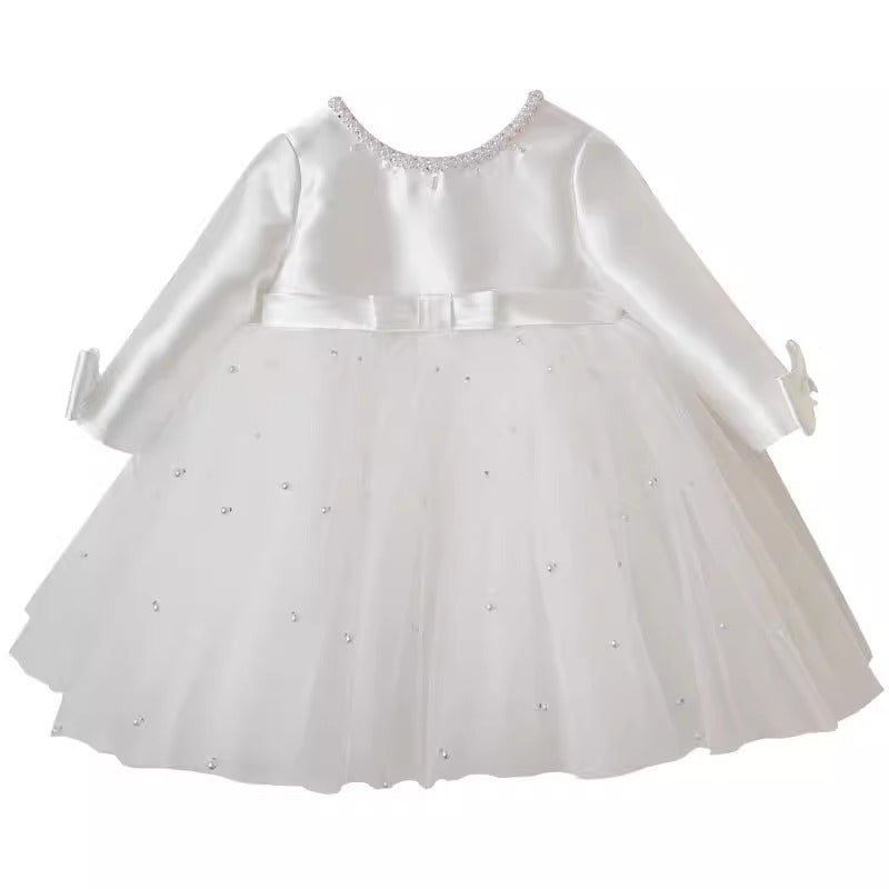 Elegant Baby Girl White Flower Girl Puff Princess Dress Toddler First Birthday Dress