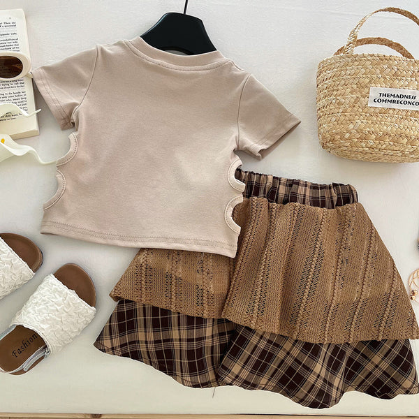 Girls' Summer Ripped T-shirt Irregular Plaid Skirt Two-Piece Set