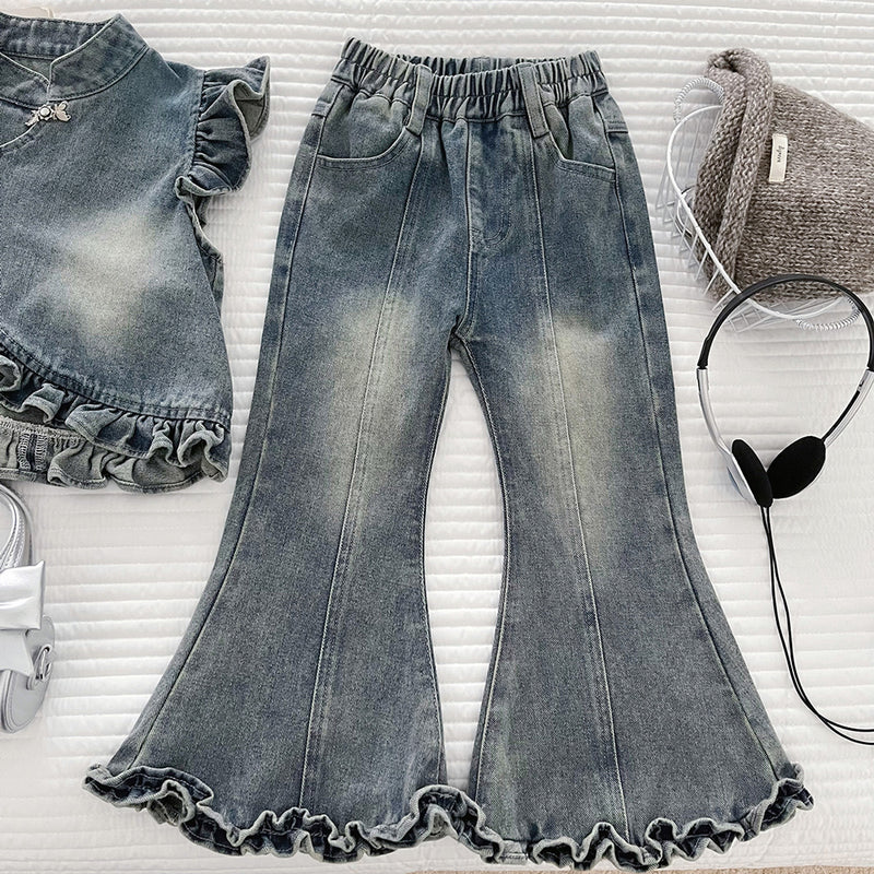 Girls' Autumn Base Layer Denim Vest Flared Pants Three-Piece Set