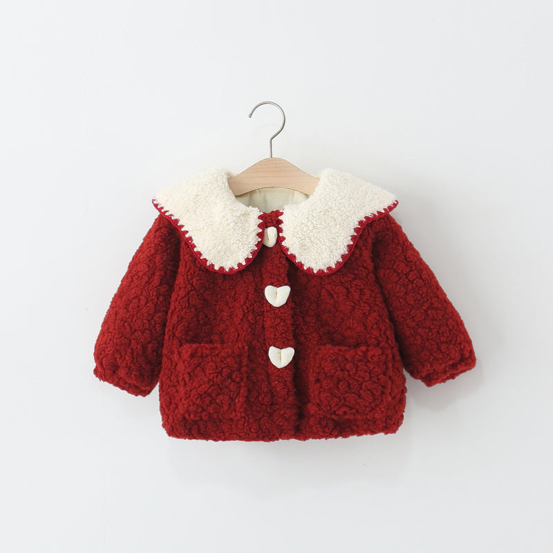 Girl's Winter Heart-Shaped Lapel Collared Coat