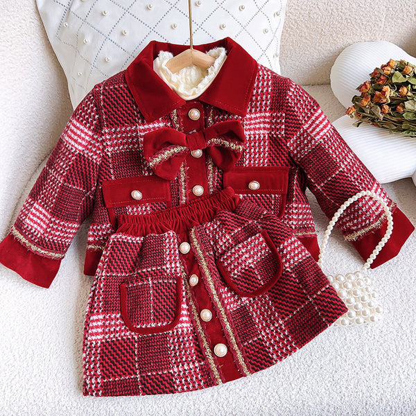 Girls' New Winter Tweed Jacket and Skirt Two-piece Suit