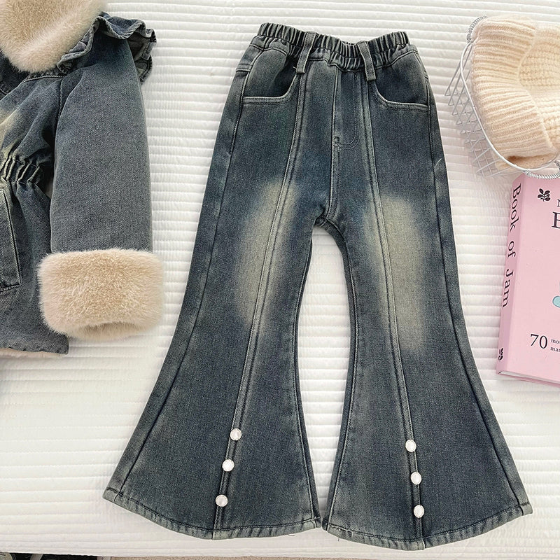 Girls' Winter Denim Jacket Flared Pants Two-piece Set
