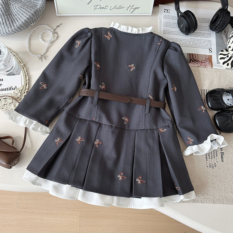 Girls' Autumn New Gray Lace Plaid Princess Dress