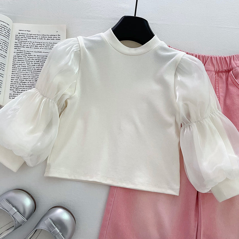 Girls' Flying Sleeve Top Bottoming Shirt and Wide-leg Jeans Three-piece Set