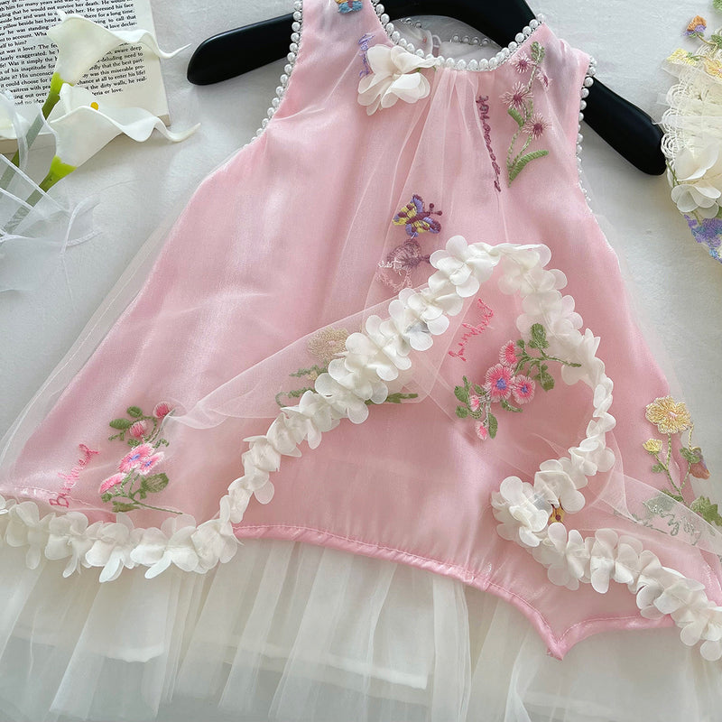 Girls Summer Sleeveless Lace Mesh Embroidered Flower Dress