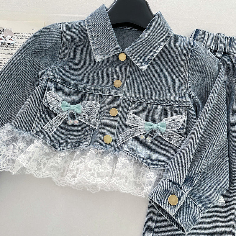 Girls' Lace Denim Jacket and Flared Jeans Two-Piece Set