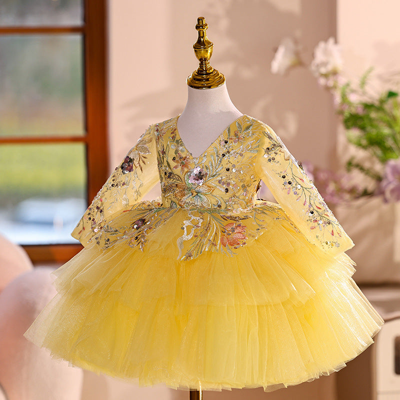 Children's Yellow Party Dress Girls Birthday Puffy Princess Dress