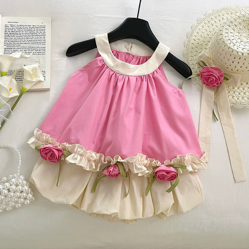 Girls summer baby girl three-dimensional flower sleeveless top lace shorts two-piece set