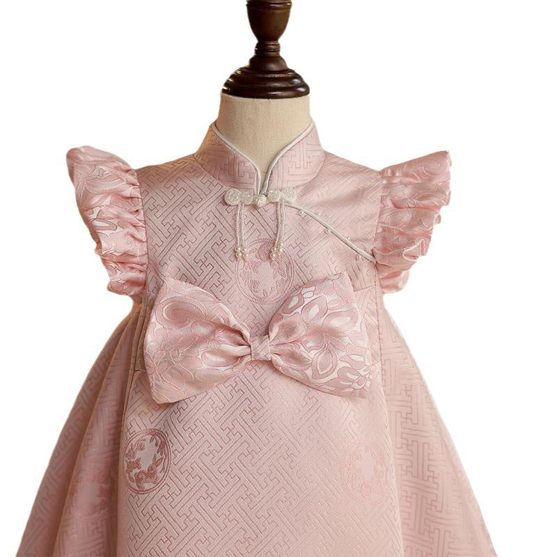 Sweet Baby Pink Buttoned Bow Baby Romper Baby's First Birthday Dress