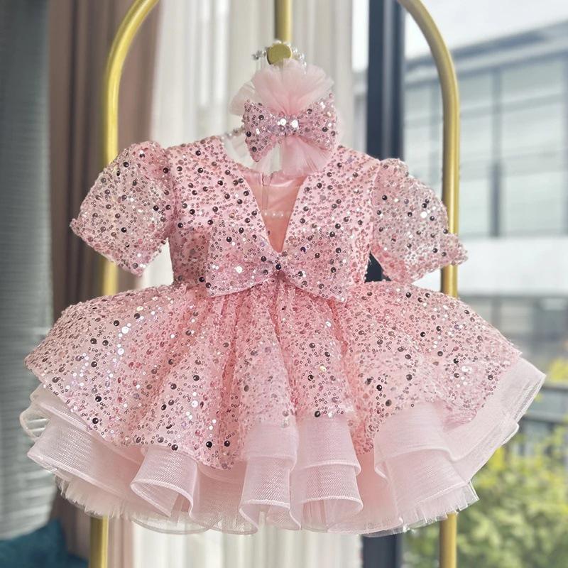 Girls Pink Party Dress Flower Girl Princess Dress Girls Sequin Birthday Dress
