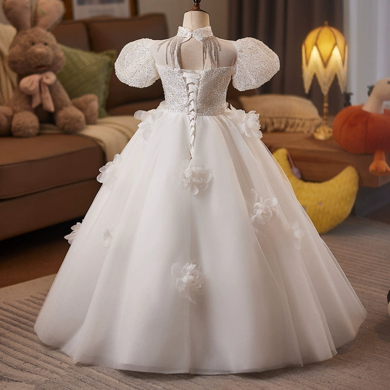 Girls White Birthday Dress Children Wedding Fluffy Princess Dress