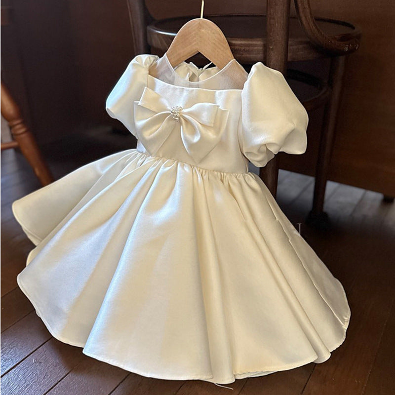 satin communion dresses White Satin First Communion Dress: Long Puffy Sleeve Flower Girl Gown