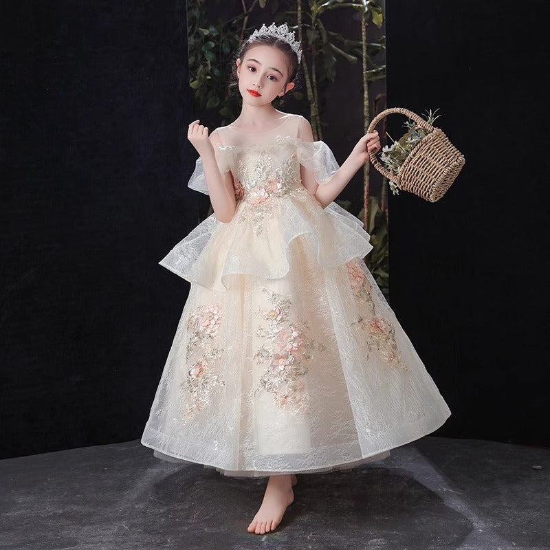 Champagne Flower Girl Fluffy Princess Dress Birthday Party Dress