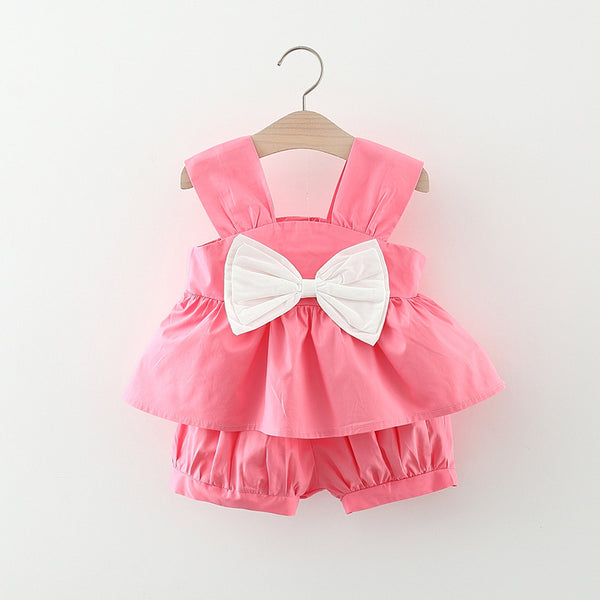 Summer New Girls Bow Solid Color Suspender Shorts Two-piece Set